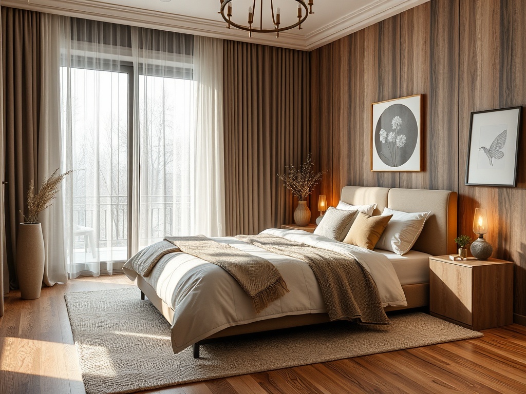 Современная спальня с деревянными стенами, большой кроватью и светлыми занавесками, уютная атмосфера.