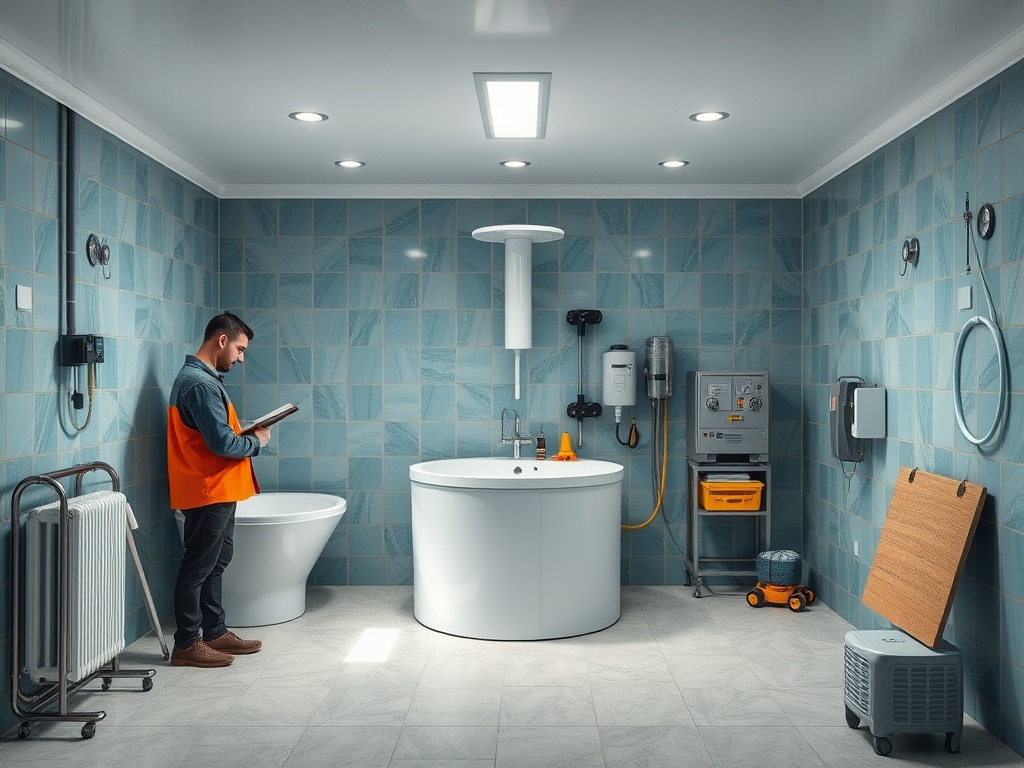 Ванная комната с сантехником, работающим с инструментами и чертежами, современный интерьер.