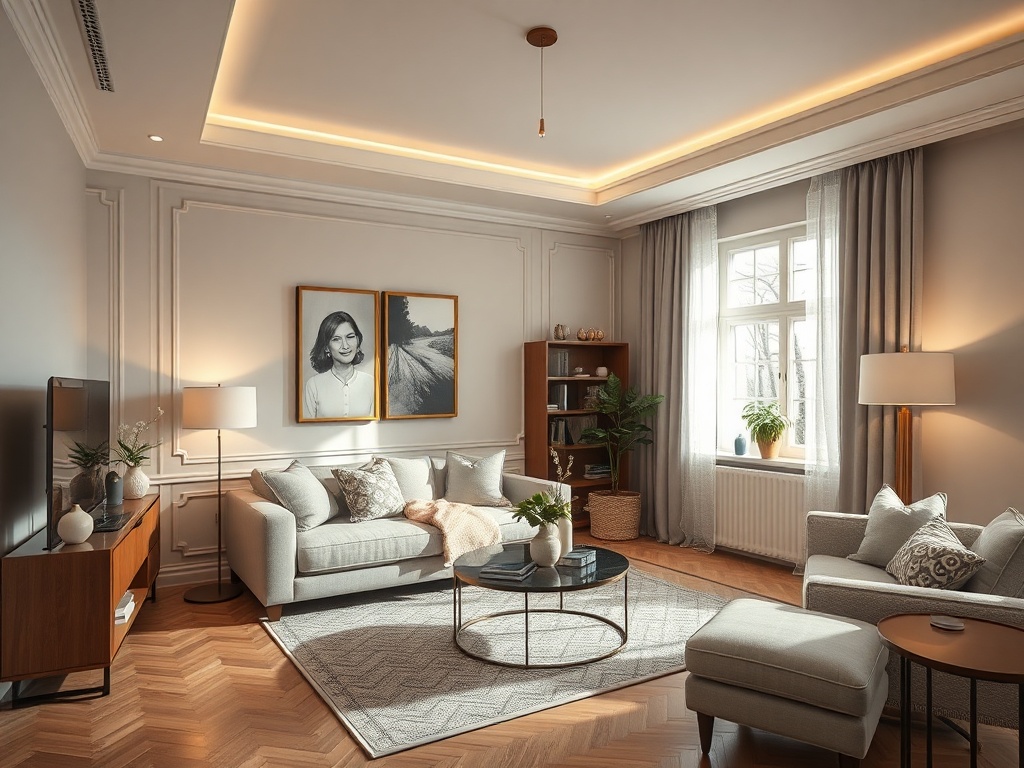 Светлая гостиная с уютной мебелью, картинами на стенах и большим окном, пропускающим естественный свет.