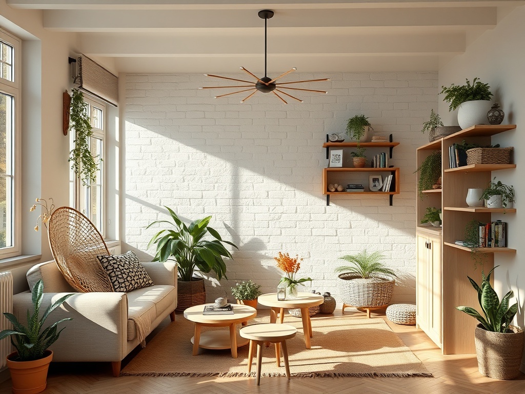 Светлая комната с растениями, уютный диван и деревянные столы, создающие атмосферу домашнего уюта.