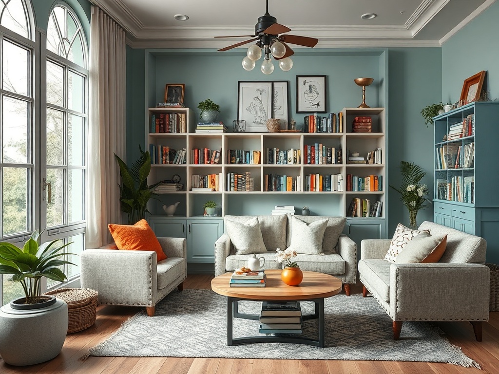 Современная гостиная с книжными полками, комфортабельной мебелью и зелеными растениями у окна.