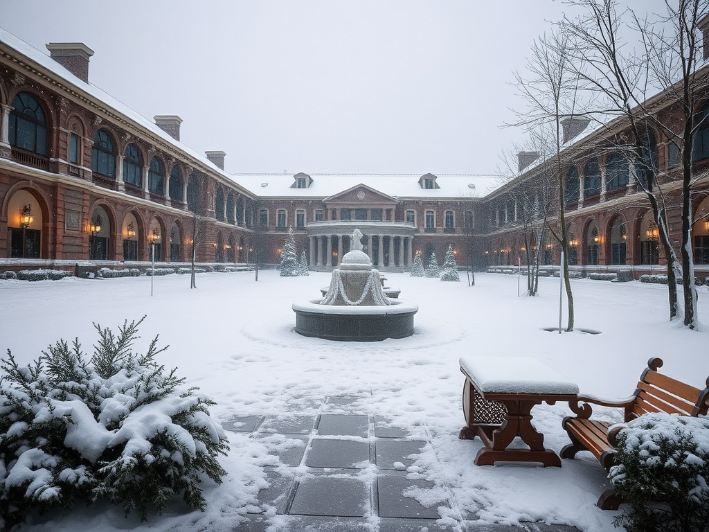 Закрытый двор с фонтаном, окружённый зданиями, покрытыми снегом, тихая зимняя обстановка.
