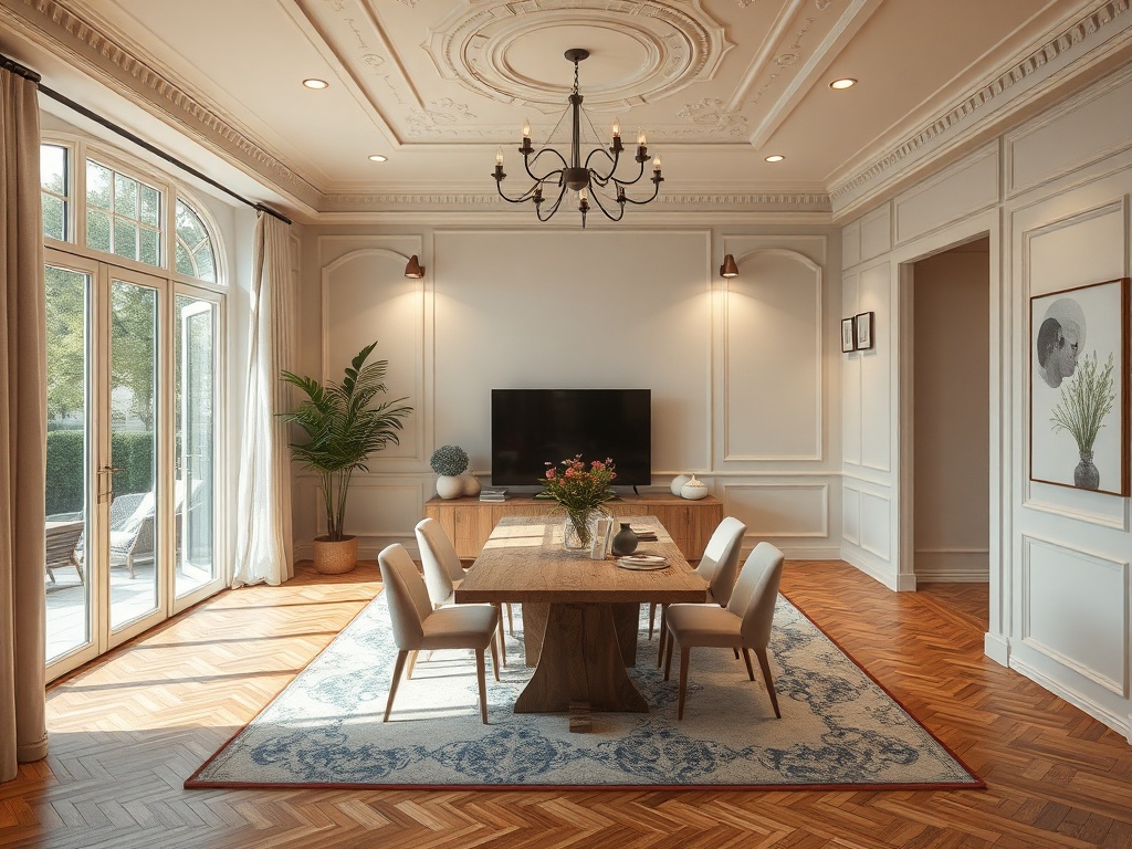 Современный светлый интерьер dining room с большим столом, телевизором и окнами, выходящими на улицу.