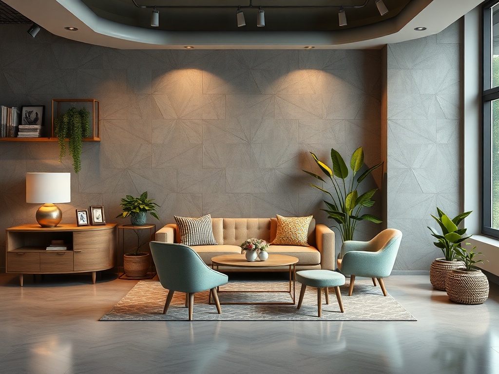 Современный уютный интерьер с мягкой мебелью, растениями и светлой палитрой.