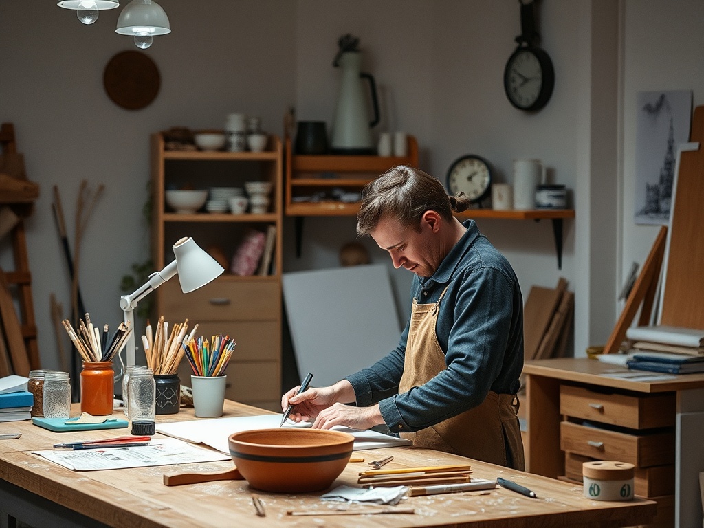 Мужчина работает в мастерской, рисуя эскизы на столе, окружённом инструментами и материалами.