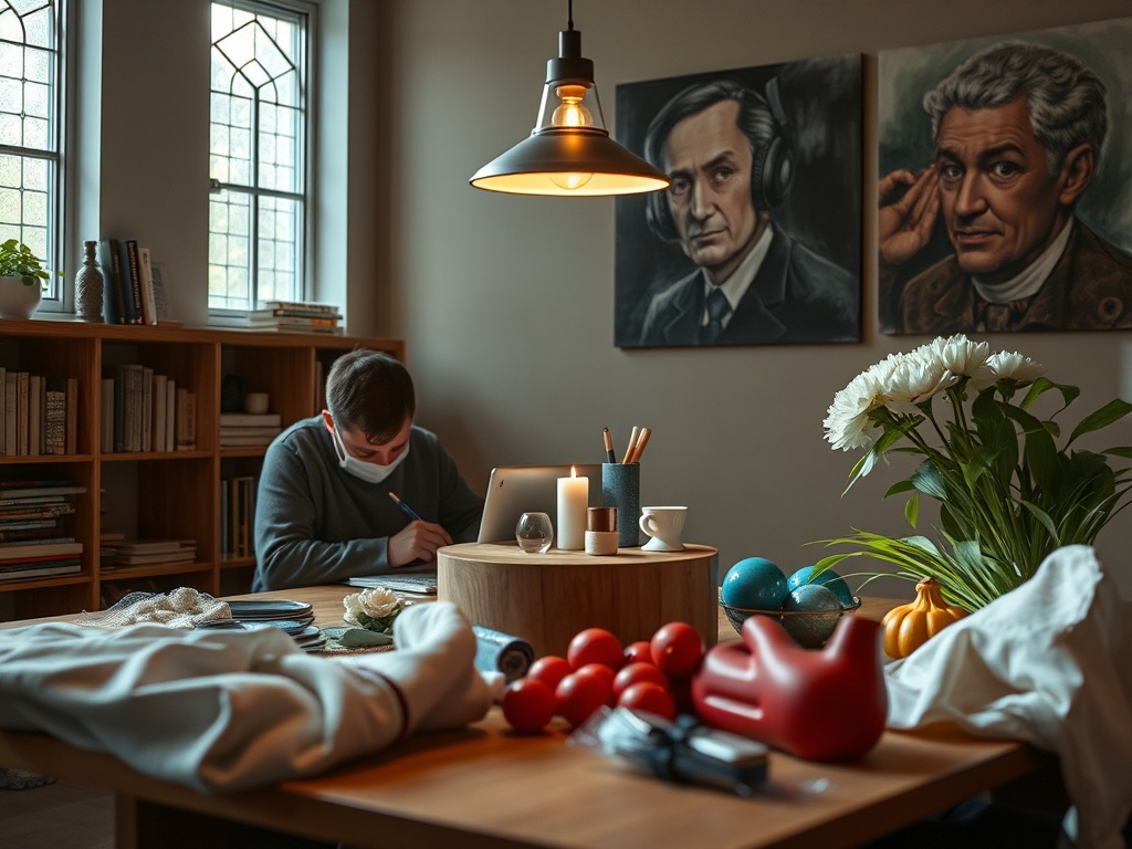 Молодой человек в маске сидит за столом и что-то записывает, вокруг домашняя обстановка и цветы.