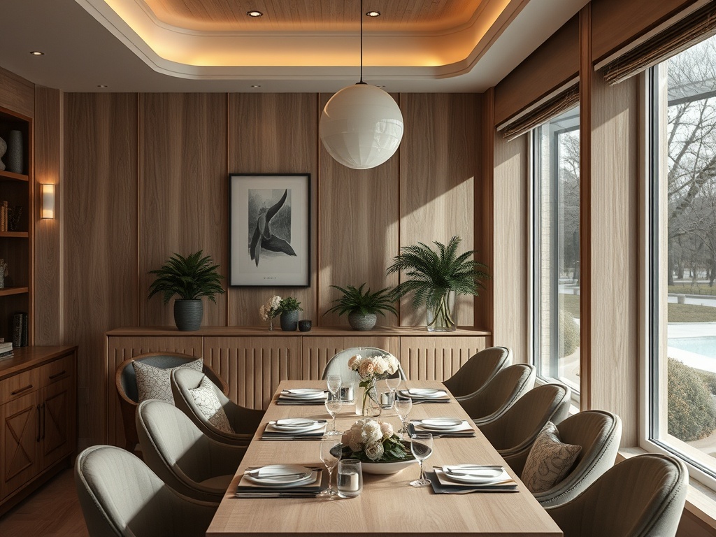 Современный интерьер столовой с деревянными стенами и уютной атмосферой. У стола пять мест, цветы в центре.