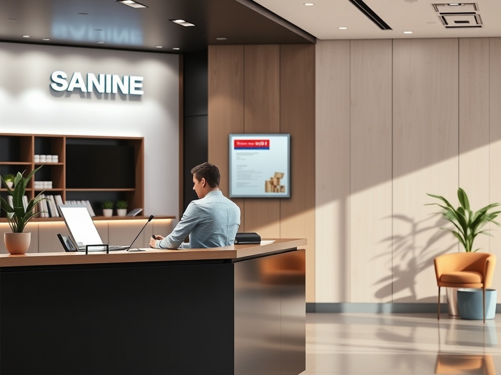 Современный интерьер офисной стойки. На столе компьютер, человек с волосами, работающий за ним. Логотип SANINE.