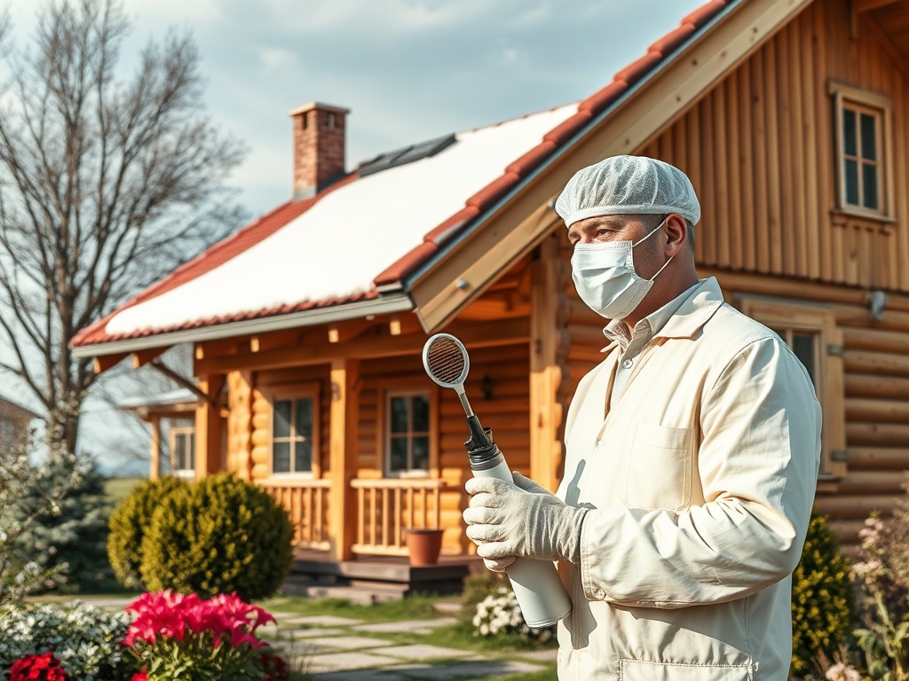 Человек в защитной маске и перчатках держит распылитель рядом с деревянным домом на фоне цветов и деревьев.