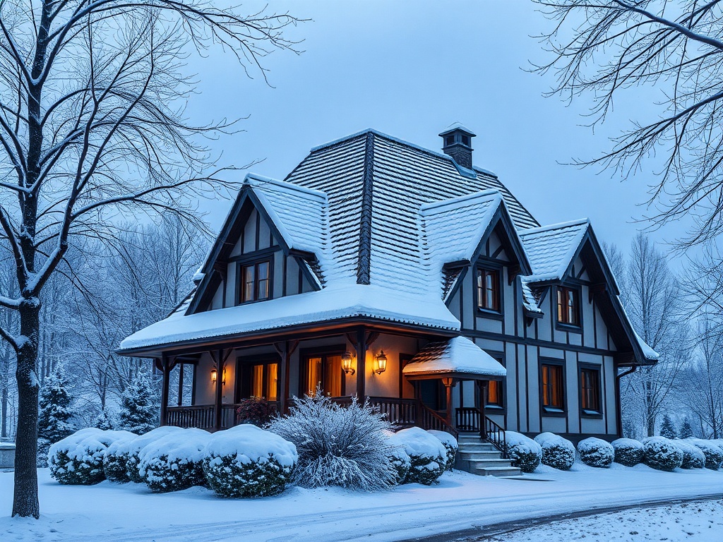 Зимний пейзаж: уютный дом с крышей, покрытой снегом, и теплым светом из окон. Сосны вокруг и вечерний свет.
