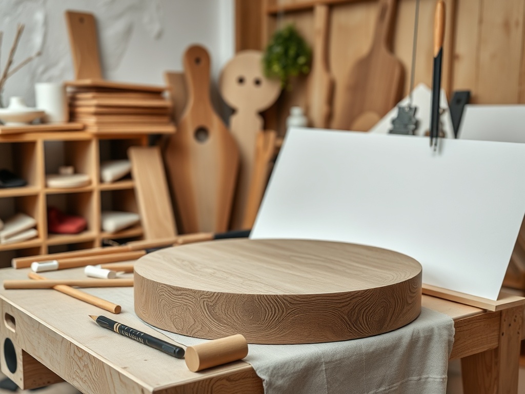 Столярная мастерская с деревянной заготовкой и инструментами на столе. На фоне видна полка с деревянными изделиями.