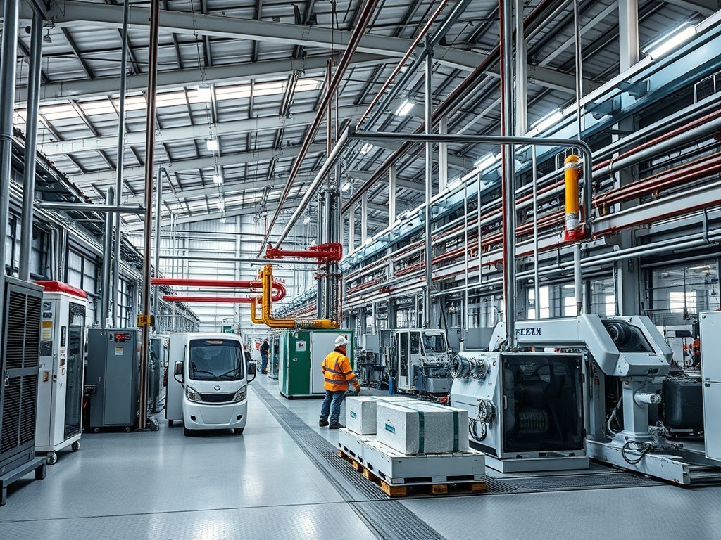 Современный завод с высокотехнологичным оборудованием и работниками в защитной одежде.