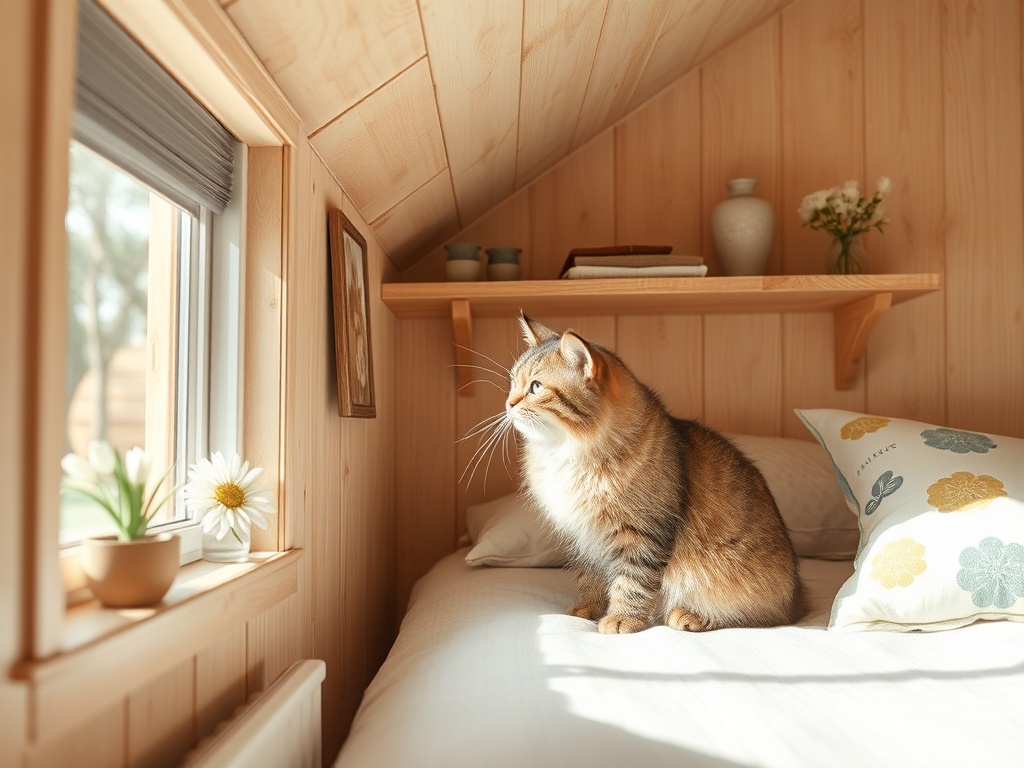 Кошка сидит на кровати в уютной комнате, глядя в окно с ярким солнечным светом и цветами на подоконнике.