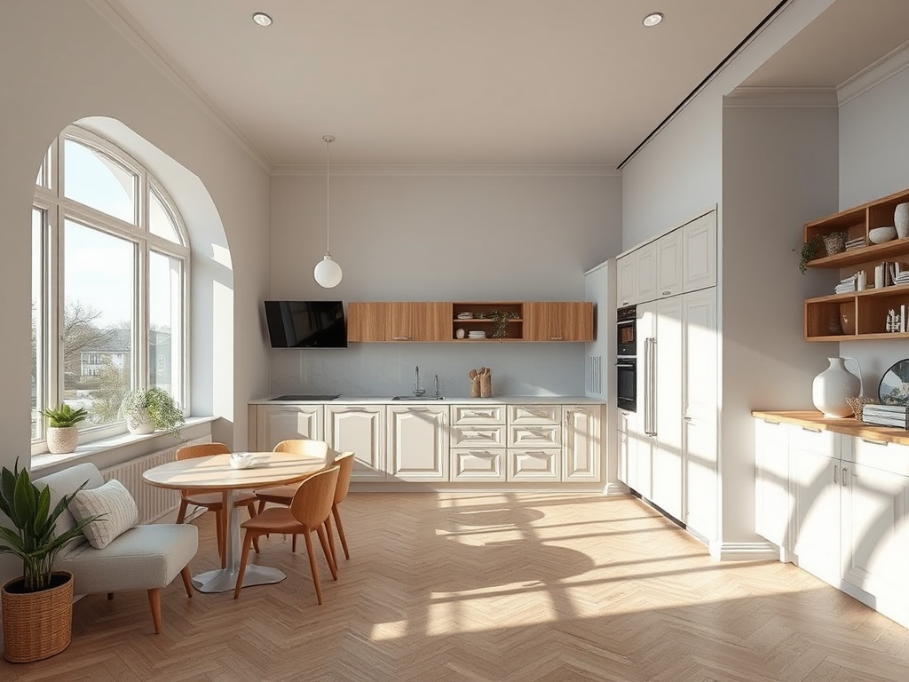 Светлая кухня с обеденным столом, шкафами и большими окнами, пропускающими солнечный свет.