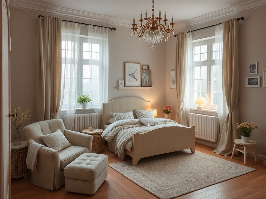 Светлая спальня с уютной мебелью, большими окнами и стильной люстрой, оформленная в нежных тонах.