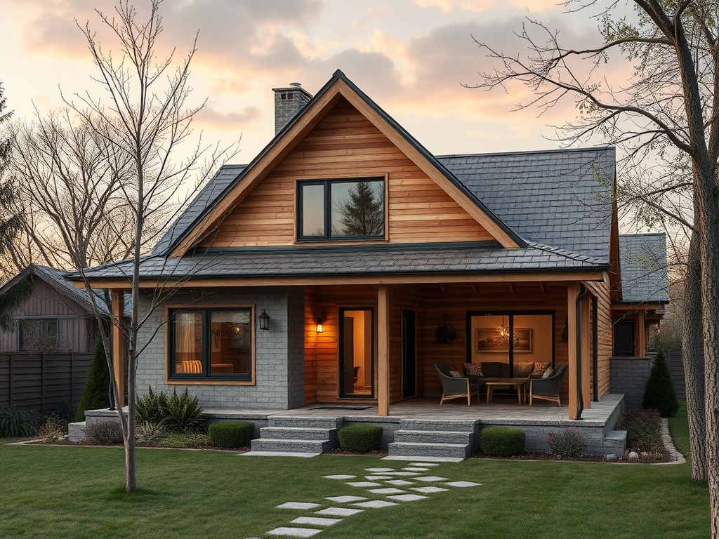 Современный загородный дом с деревянным фасадом, лужайкой и комфортной верандой на фоне заката.