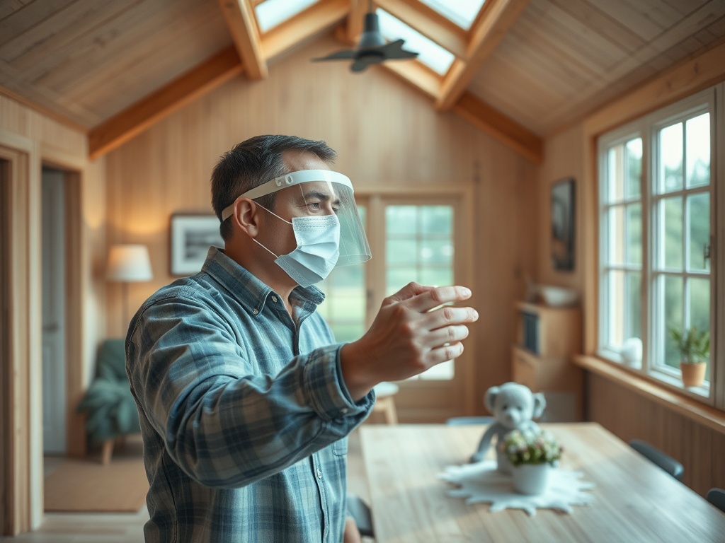 Мужчина в маске и щите для лица стоит в доме, показывая жест, перед ним стол с цветами и плюшевым медвежонком.