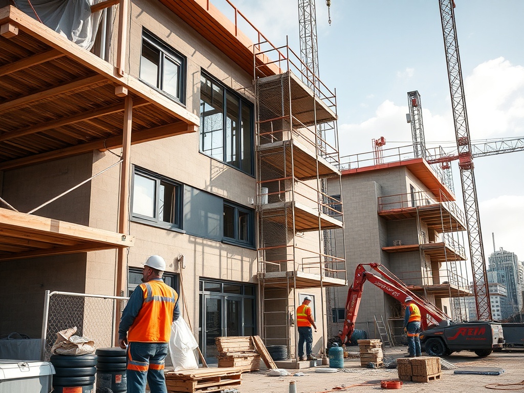 На строительной площадке работают рабочие, строятся новые здания, видны краны и строительные материалы.