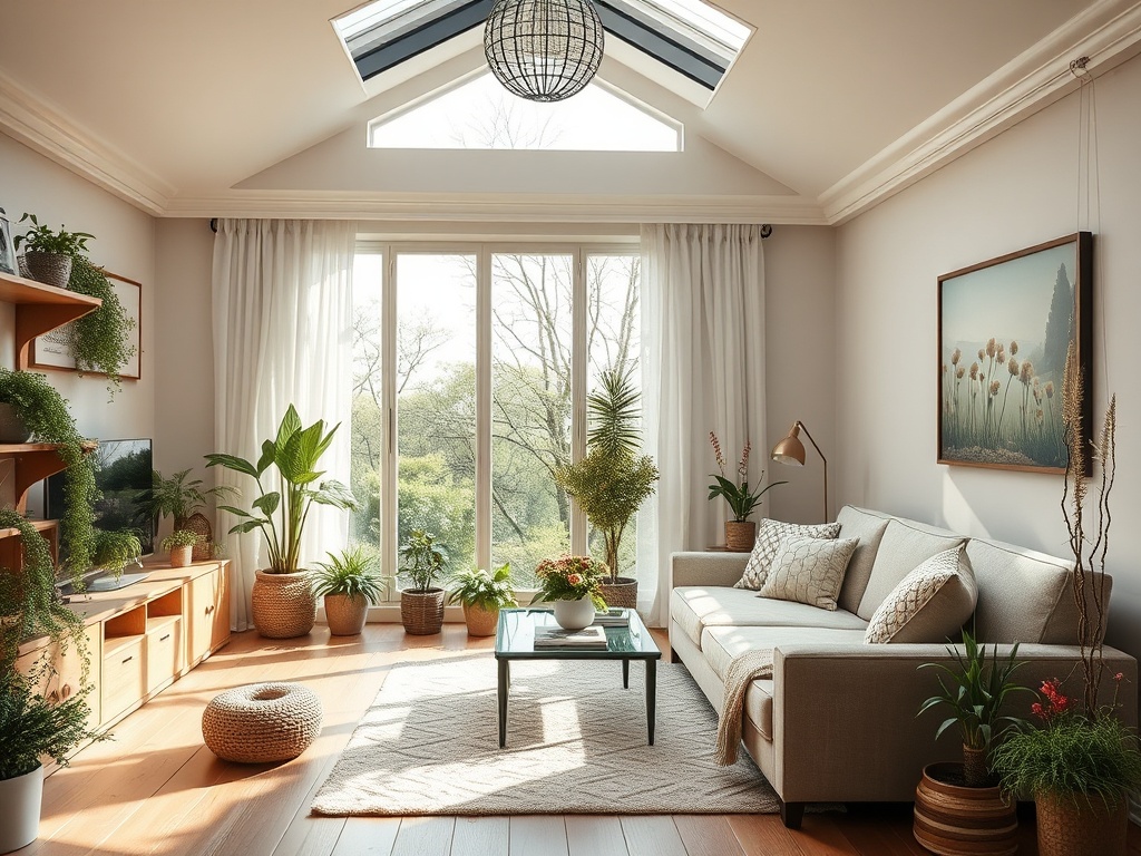 Светлая гостиная с растениями, диваном и большими окнами, откуда видно зеленый пейзаж. Уютная атмосфера.