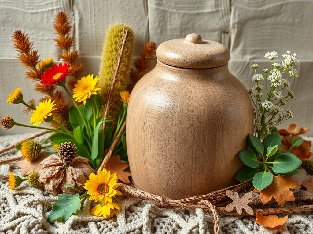 Деревянная урна окружена яркими осенними цветами и листьями на затейливом текстильном фоне.