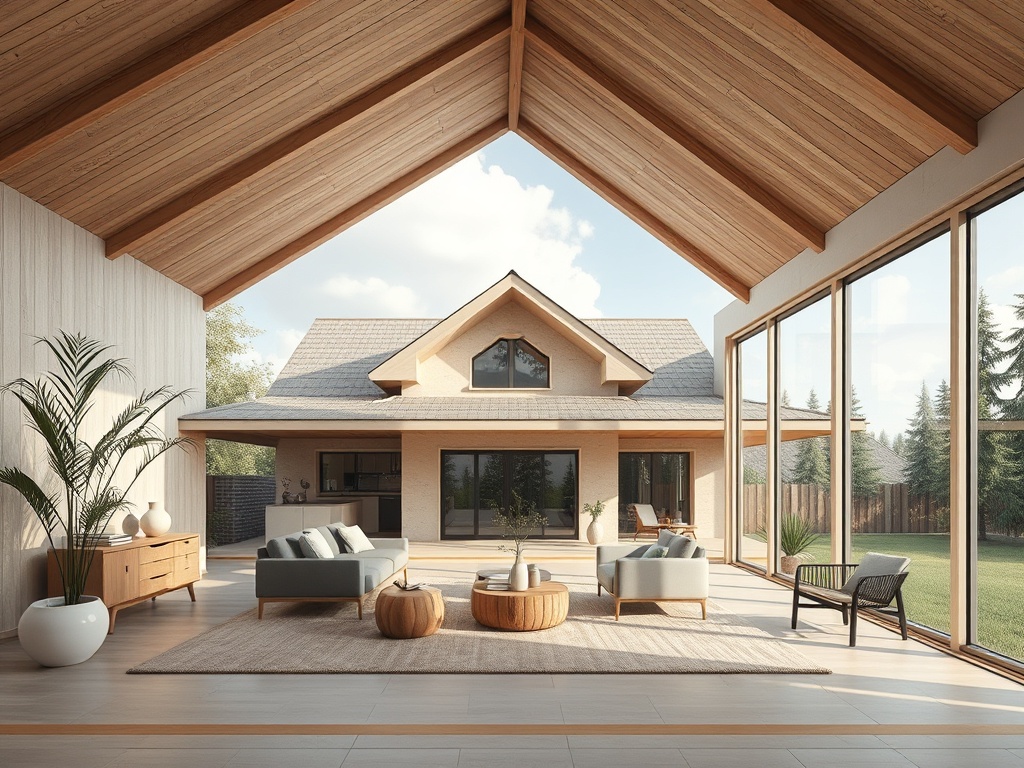 Современный дом с большими окнами, деревянным потолком и уютной обстановкой, выходящей на зеленый двор.