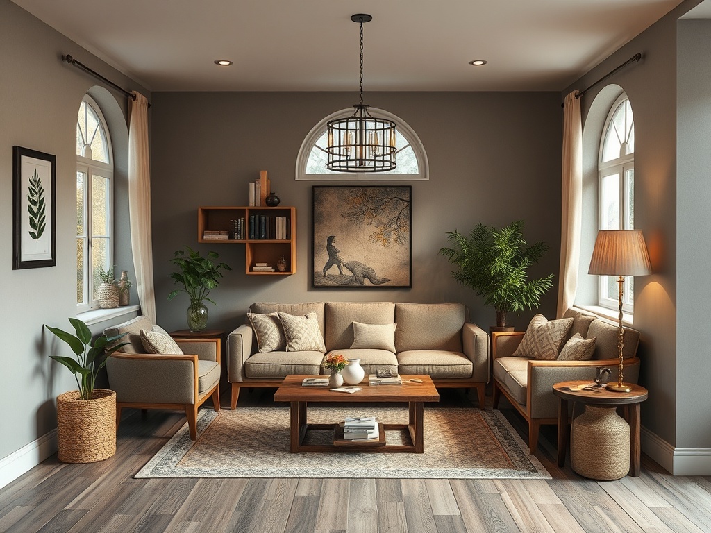 Уютная гостиная с красивой мебелью, растениями и современным освещением, создающая атмосферу спокойствия.