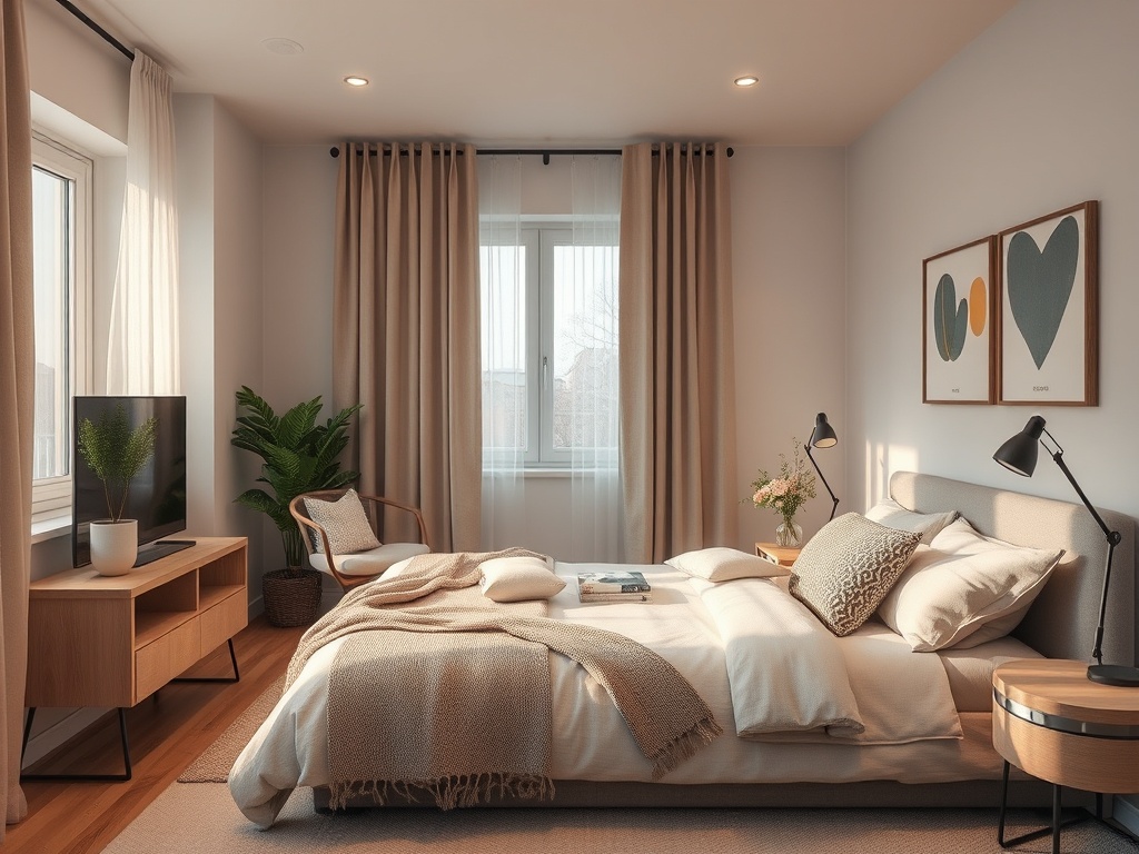 Уютная спальня с большим окном, деревянной мебелью и стильными картинами на стенах.