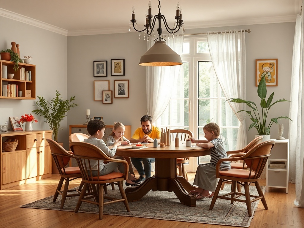 Семья ужинает за деревянным столом в уютной, светлой столовой. В комнате много растений и декоративных деталей.