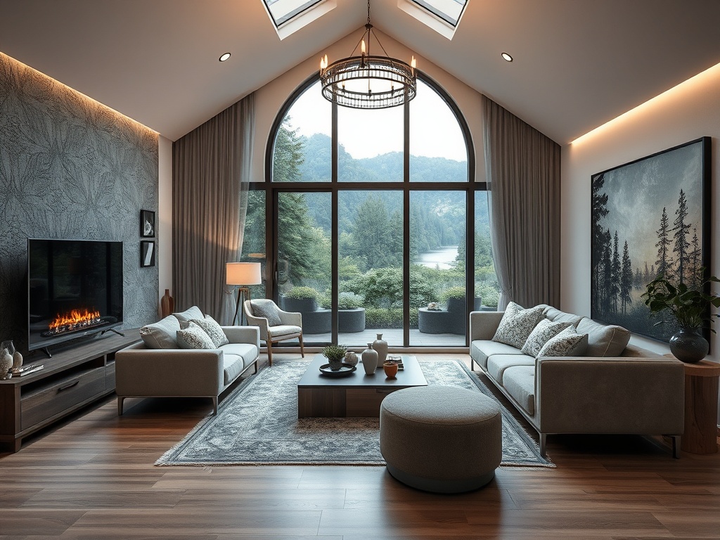 Современная гостиная с большими окнами, удобной мебелью и видом на природу с зелеными деревьями.