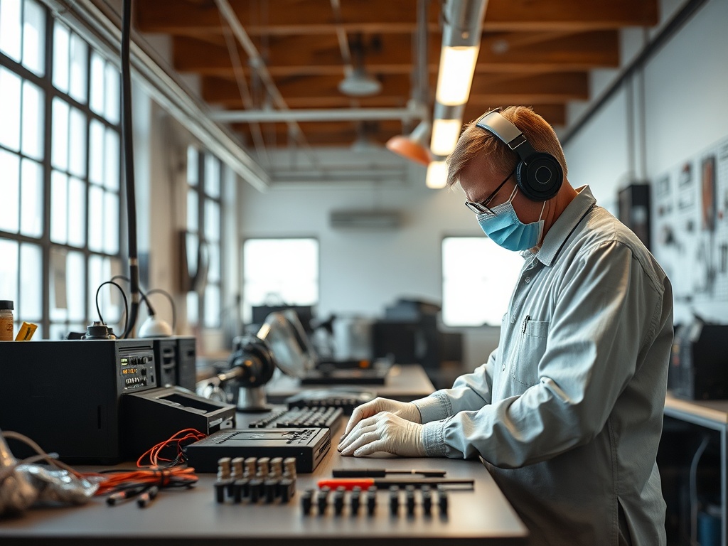 Работник в защитной маске и наушниках занимается настройкой оборудования в лаборатории.